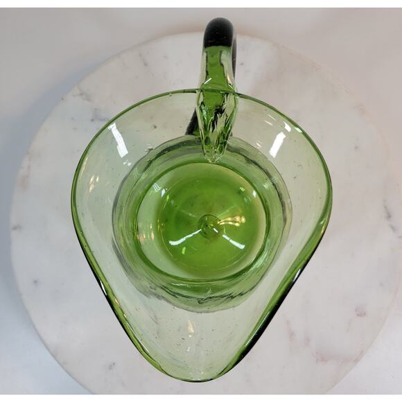 VTG Slung Glass Pitcher 7.25" Green Hand Blown Bubbles Wide Ribbon Mouth Handle - Picture 11 of 16